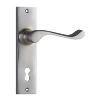 Tradco Fremantle Door Lever Handle on Rectangular Backplate Bitkey Satin Chrome 0898