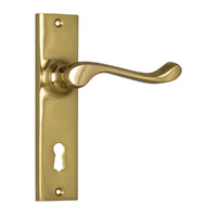 Tradco Fremantle Door Lever Handle on Rectangular Backplate Bitkey Polished Brass 1026
