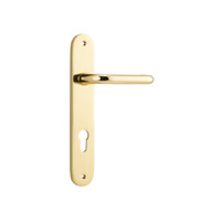 Iver Oslo Door Lever Handle on Oval Backplate Euro 85mm Polished Brass 10346E85