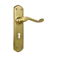 Tradco Windsor Door Lever Handle on Shouldered Backplate Bitkey Polished Brass 1043