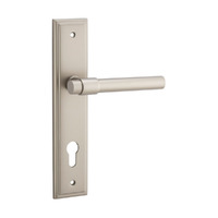 Iver Helsinki Door Lever Handle on Stepped Backplate Euro Satin Nickel 14902E85