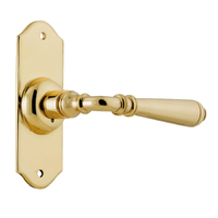 Tradco Reims Door Lever Handle on Short Backplate Passage Unlaquered Polished Brass 21360