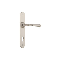 Out of Stock: ETA Early September - Tradco Reims Lever Handle on Long Backplate Euro 85mm Satin Nickel 6560E85