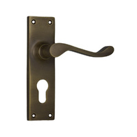 Tradco Victorian Door Lever Handle on Long Backplate Euro Antique Brass 0782E