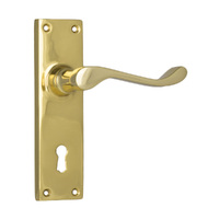 Tradco Victorian Door Lever Handle on Long Backplate Bitkey Polished Brass 1038