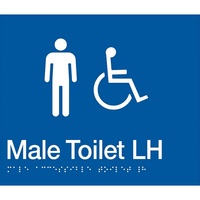 AS1428 Compliant Toilet Sign BLUE Male Disabled Braille LH Transfer MDTLH