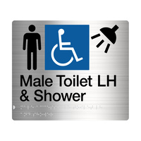 Male Disabled Toilet Left Hand & Shower Sign Braille Stainless Steel MDTS/LH-SS