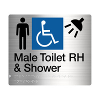 Male Disabled Toilet Right Hand & Shower Sign Braille Stainless Steel MDTS/RH-SS