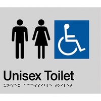 AS1428 Compliant Toilet Sign Unisex Disabled Braille SILVER MFDT 210x180x3mm