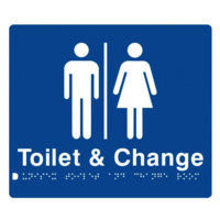AS1428 Compliant Toilet & Change Room Sign BLUE Unisex Braille MFTCR 210x180mm