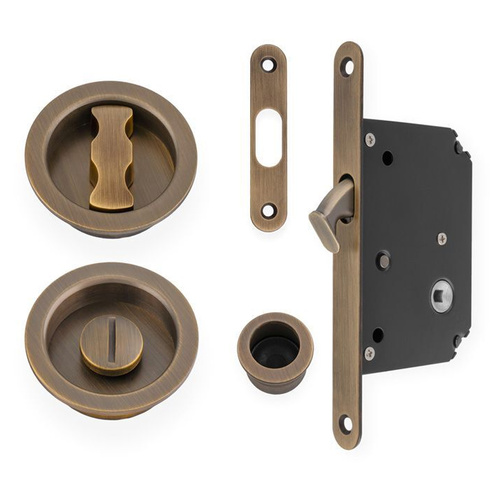 Alexander and Wilks Sliding Door Lock Set - Radius - Antique Brass AW110RAB