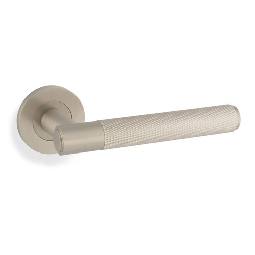 Alexander and Wilks Knurled Spitfire Door Lever on Round Rose Satin Nickel AW220SN