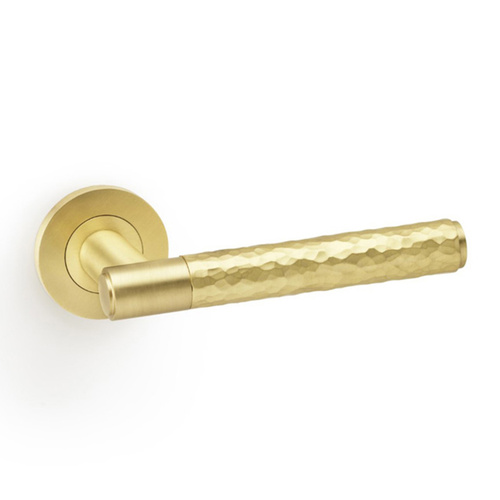 Alexander and Wilks Hammered Spitfire Lever on Round Rose Satin Brass AW223SB