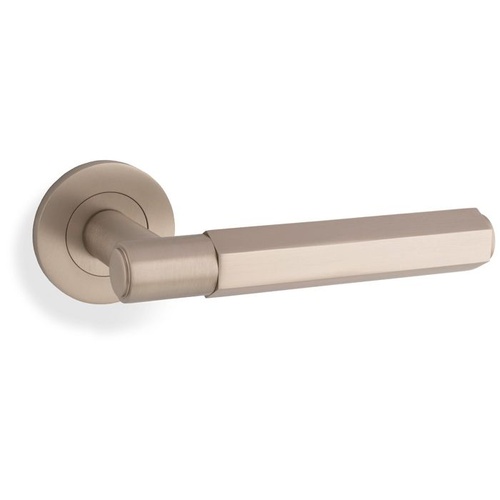 Alexander and Wilks Hex Spitfire Door Lever on Round Rose Satin Nickel AW224SN