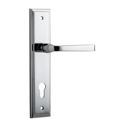 Restocking Soon: ETA  Mid March - Iver Annecy Door Lever Handle on Stepped Backplate Euro Chrome Plated 11744E85