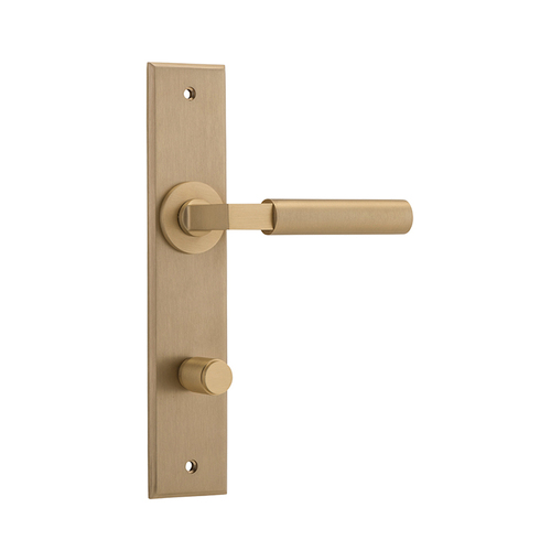 Iver Berlin Door Lever Handle on Chamfered Rectangular Backplate Privacy Brushed Brass 15294P85