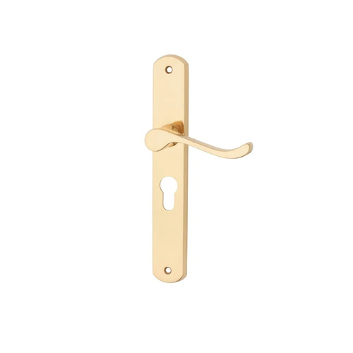 KR Lucas Pavtom Door Lever Handle on Scroll Lever Slim Plate Euro 48mm 225x35mm Polished Brass
