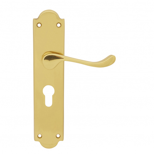 Out of Stock: ETA Early July - Pavtom Scroll Lever Euro Lock Plate Polished Brass 48mm 7404EURO48PB