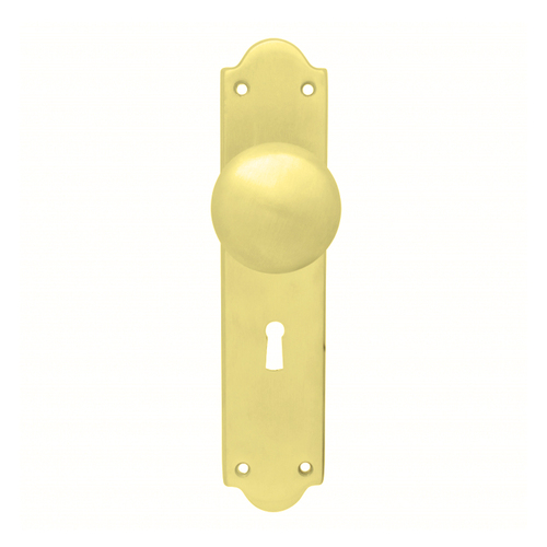 KR Lucas Pavtom Victorian Door Knob Bitkey on Shaped Plate Polished Brass 7601PB