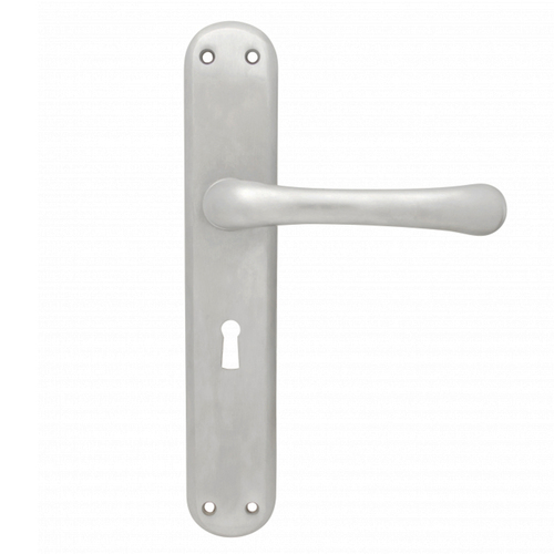 KR Lucas Pavtom Milena Door Lever Handle on Plate Bitkey 250mm Satin Chrome 8101SC 