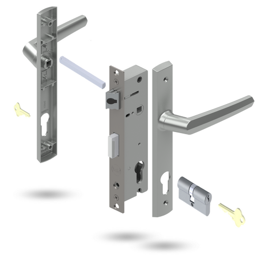 Lockwood Door Lock Pack Induro Mortice Palladium Aria Levers Silver w/ Cylinder