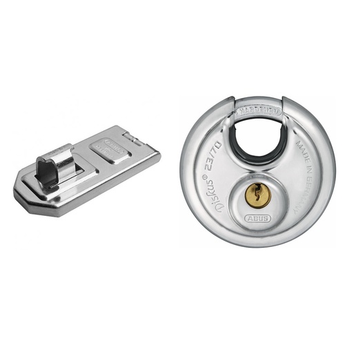 ABUS Hasp & Staple 140/120C 120mm + 23/70 Diskus Padlock Stainless Steel