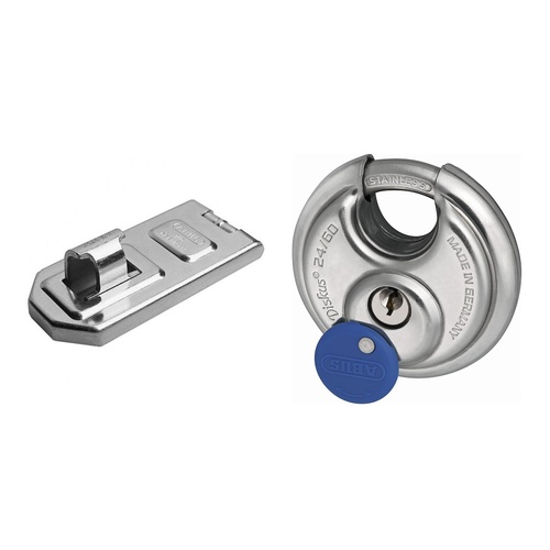 ABUS Hasp & Staple 140/120C 120mm + 24IB/60 Diskus Padlock Stainless Steel