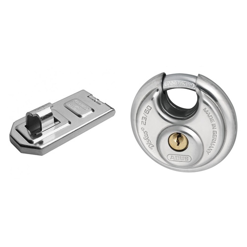 ABUS Hasp & Staple 140/190C 190mm + 23/60 Diskus Padlock Stainless Steel