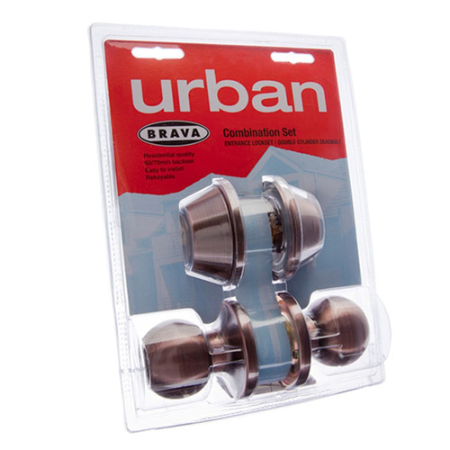 Brava Urban Entrance Lockset and Double Cylinder Deadbolt Combo Pack Antique Copper BRT3932DP