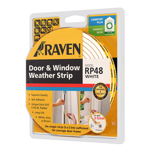 Raven EPDM Door And Window Weather Strip Self Adhesive 2 x 2.5m White R48W