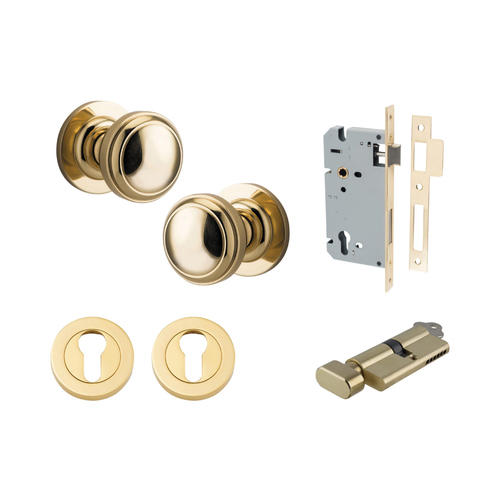 Iver Paddington Door Knob on Round Rose Entrance Kit Key/Thumb Polished Brass 0210KENTR60KT