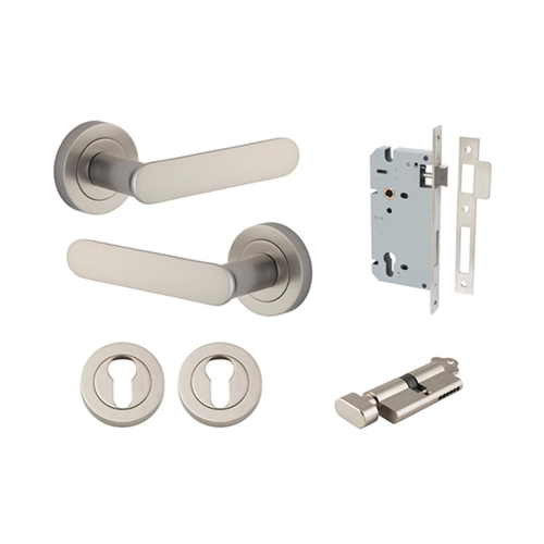 Iver Bronte Door Lever Handle on Round Rose Entrance Kit Key/Thumb Satin Nickel 0339KENTR60KT