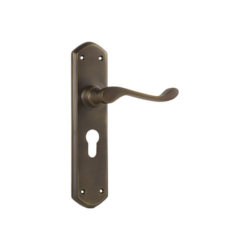 Tradco Windsor Door Lever Handle on Shouldered Backplate Euro Antique Brass 0858E