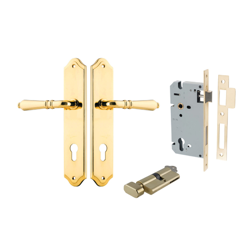Iver Sarlat Door Lever Handle on Shouldered Backplate Entrance Kit Key/Thumb Polished Brass 