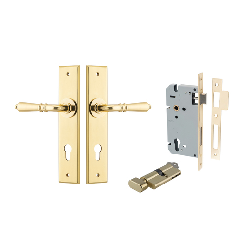 Iver Sarlat Door Lever Handle on Chamfered Backplate Entrance Kit Key/Thumb Polished Brass 