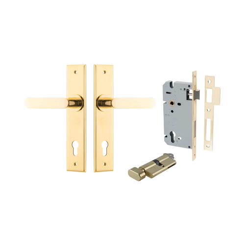 Iver Bronte Door Lever Handle on Chamfered Backplate Entrance Kit Key/Thumb Polished Brass