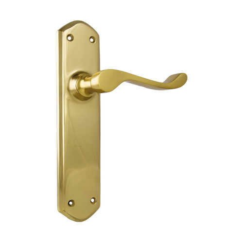 Tradco Windsor Door Lever Handle on Shouldered Backplate Passage Polished Brass 1042