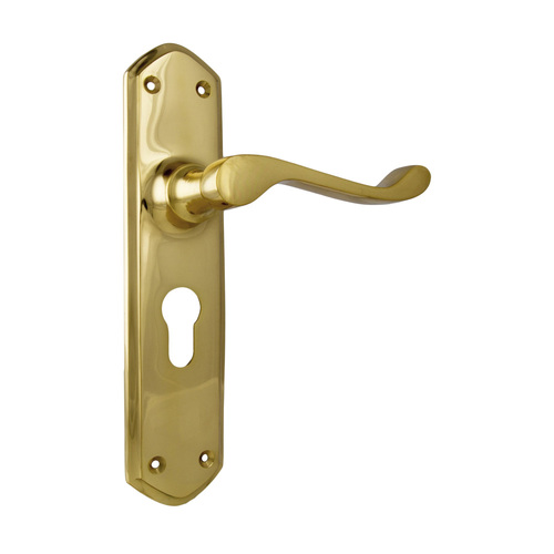Out of Stock: ETA End January - Tradco Windsor Lever on Shouldered Backplate Euro Polished Brass 1042E