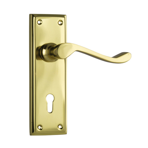 Tradco Camden Door Lever Handle on Rectangular Backplate Bitkey Polished Brass 1077