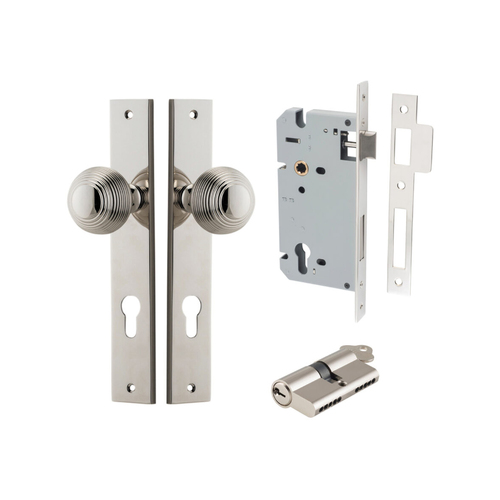 Iver Guildford Door Knob on Rectangular Backplate Entrance Kit Key/Key Polished Nickel 