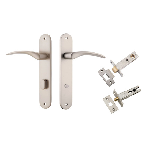 Iver Oxford Door Lever on Oval Backplate Privacy Kit with Turn Satin Nickel 14728KPRIV60