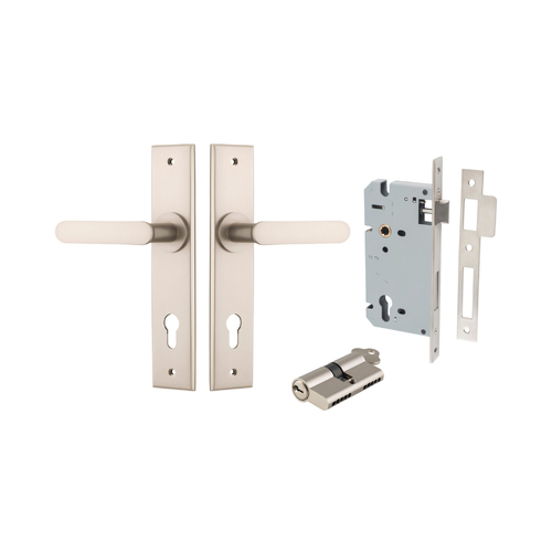 Iver Bronte Door Lever Handle on Chamfered Backplate Entrance Kit Key/Key Satin Nickel 
