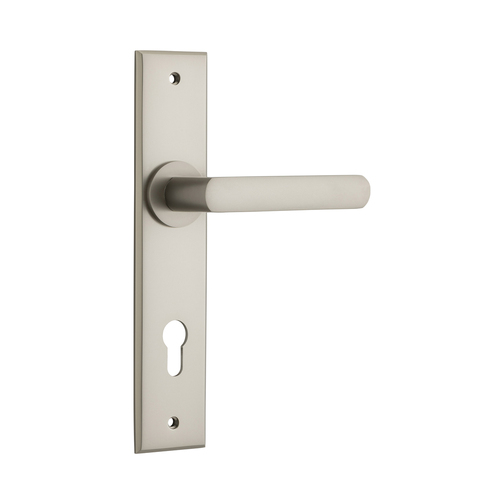 Iver Osaka Door Lever Handle on Chamfered Backplate Euro Satin Nickel 14868E85