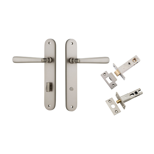 Iver Copenhagen Door Lever on Oval Backplate Privacy Kit with Turn Satin Nickel 14876KPRIV60