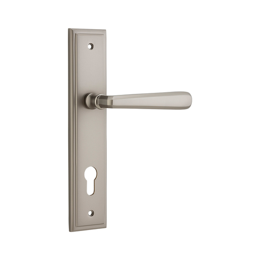 Out of Stock: ETA Early July - Iver Copenhagen Door Lever on Stepped Backplate Euro Satin Nickel 14878E85