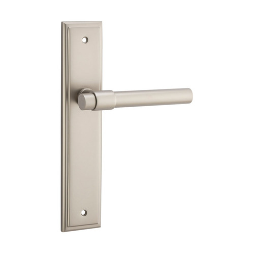 Iver Helsinki Door Lever Handle on Stepped Backplate Passage Satin Nickel 14902