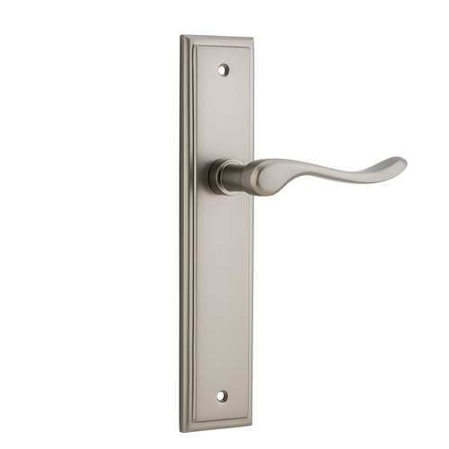 Out of Stock: ETA Mid July - Iver Stirling Door Lever on Stepped Backplate Passage Satin Nickel 14926