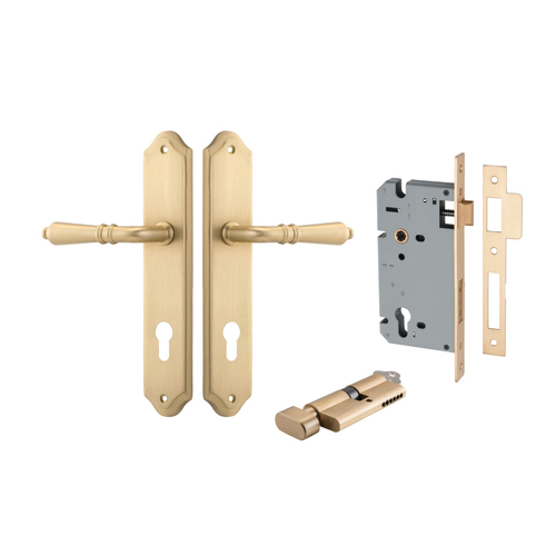 Iver Sarlat Door Lever Handle on Shouldered Backplate Entrance Kit Key/Thumb Brushed Brass 
