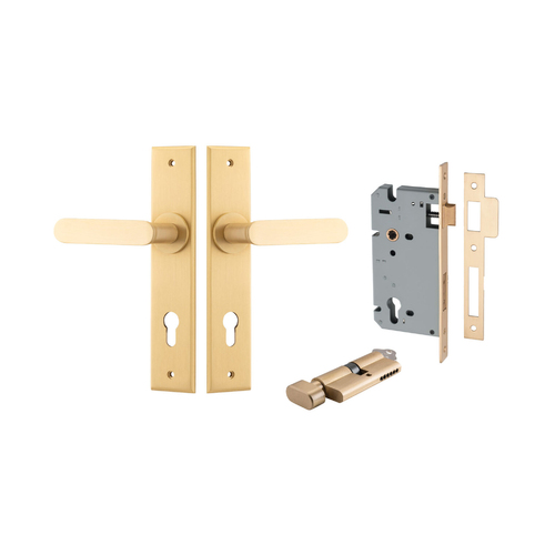 Iver Bronte Door Lever Handle on Chamfered Backplate Entrance Kit Key/Thumb Brushed Brass 