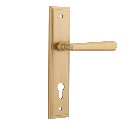 Out of Stock: ETA Mid October - Iver Copenhagen Door Lever on Stepped Backplate Euro Brushed Brass 15378E85